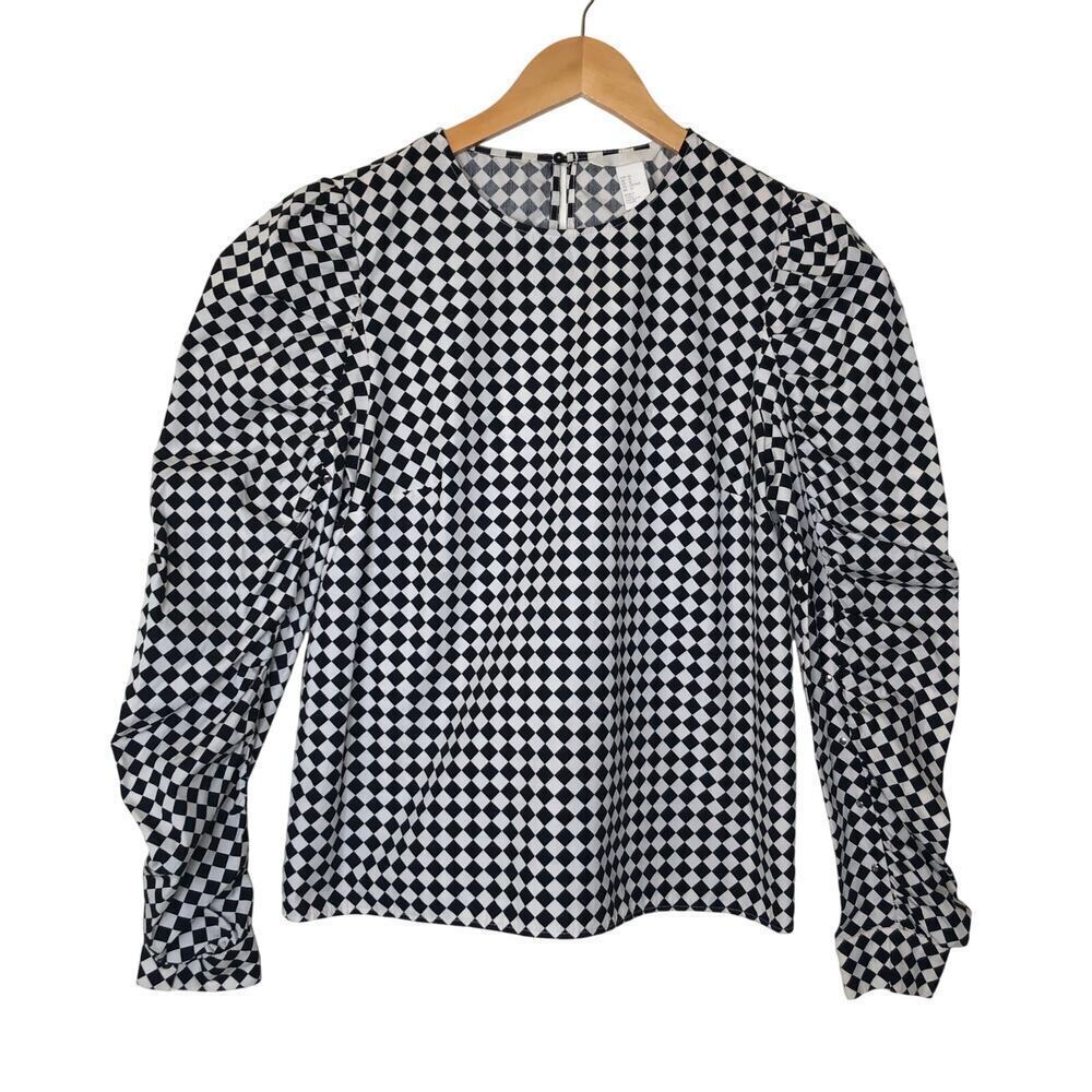 H&M Black White Checkered Long Sleeve Embellished‎ Blouse Puff sleeve Cotton
